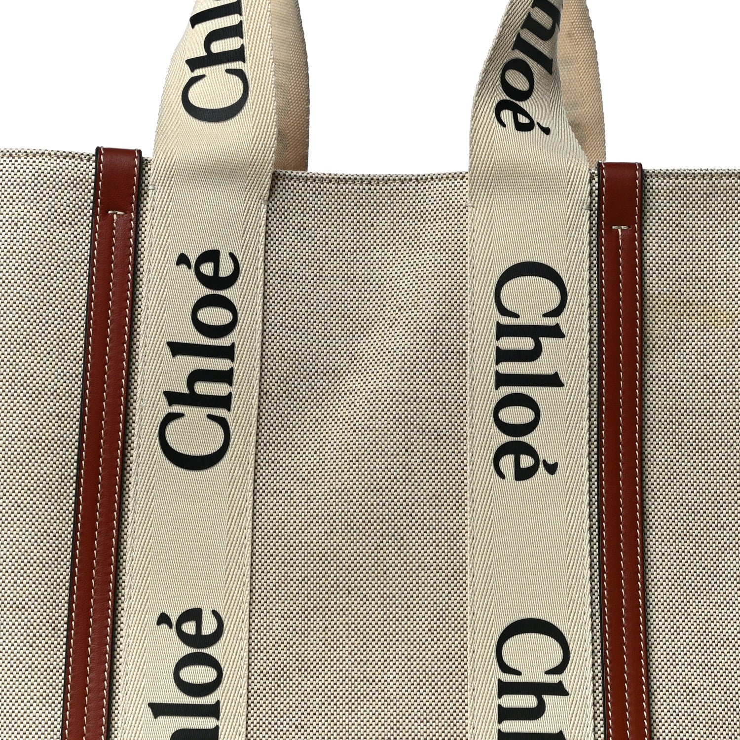 Chloe Cotton Calfskin Large Woody Ribbon Tote White Brown 8 of 10
