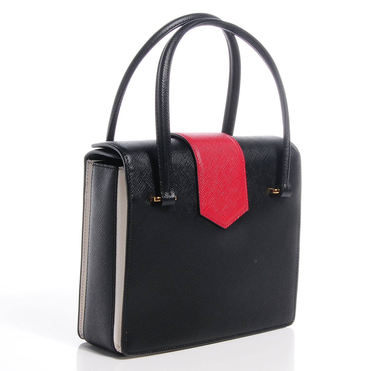 Prada Saffiano Tri-Color Turn Lock Satchel Black Talco Rosso 3 of 10