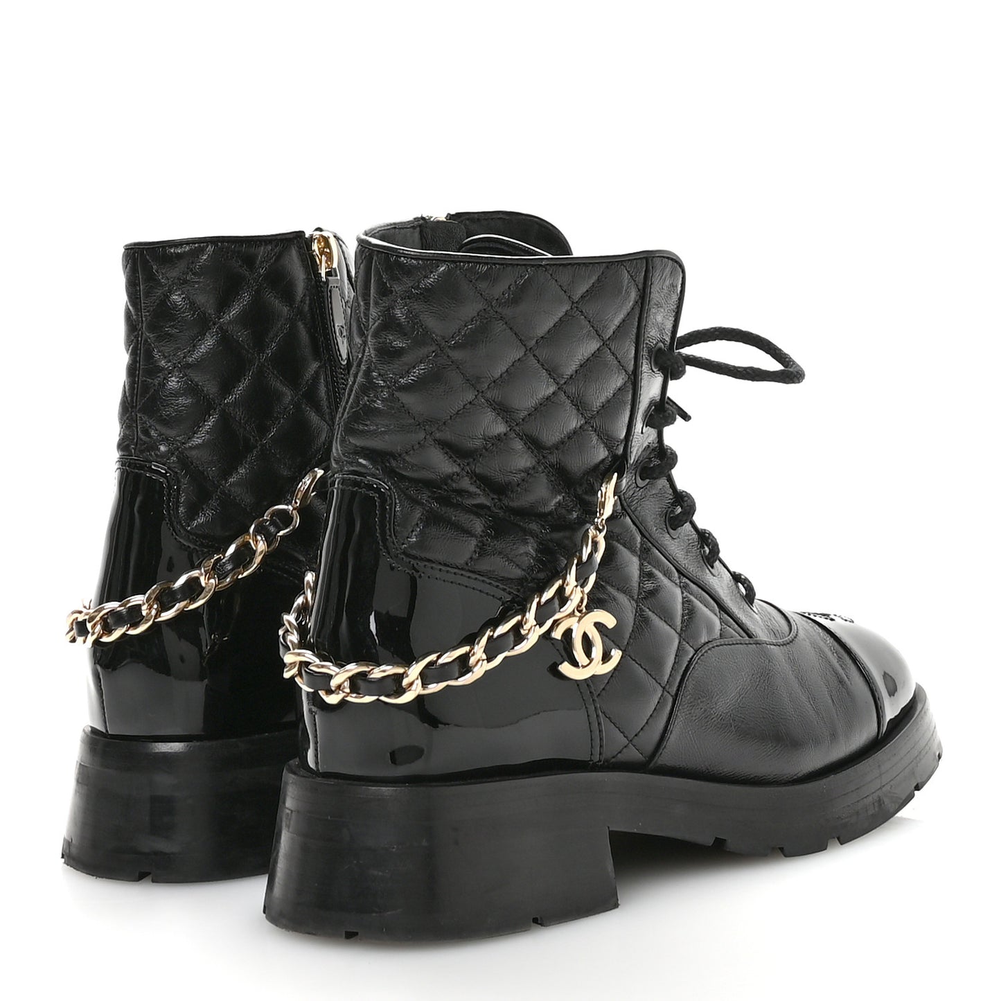 Shiny Calfskin Patent Quilted Chain Lace Up Combat Boots 40 Black