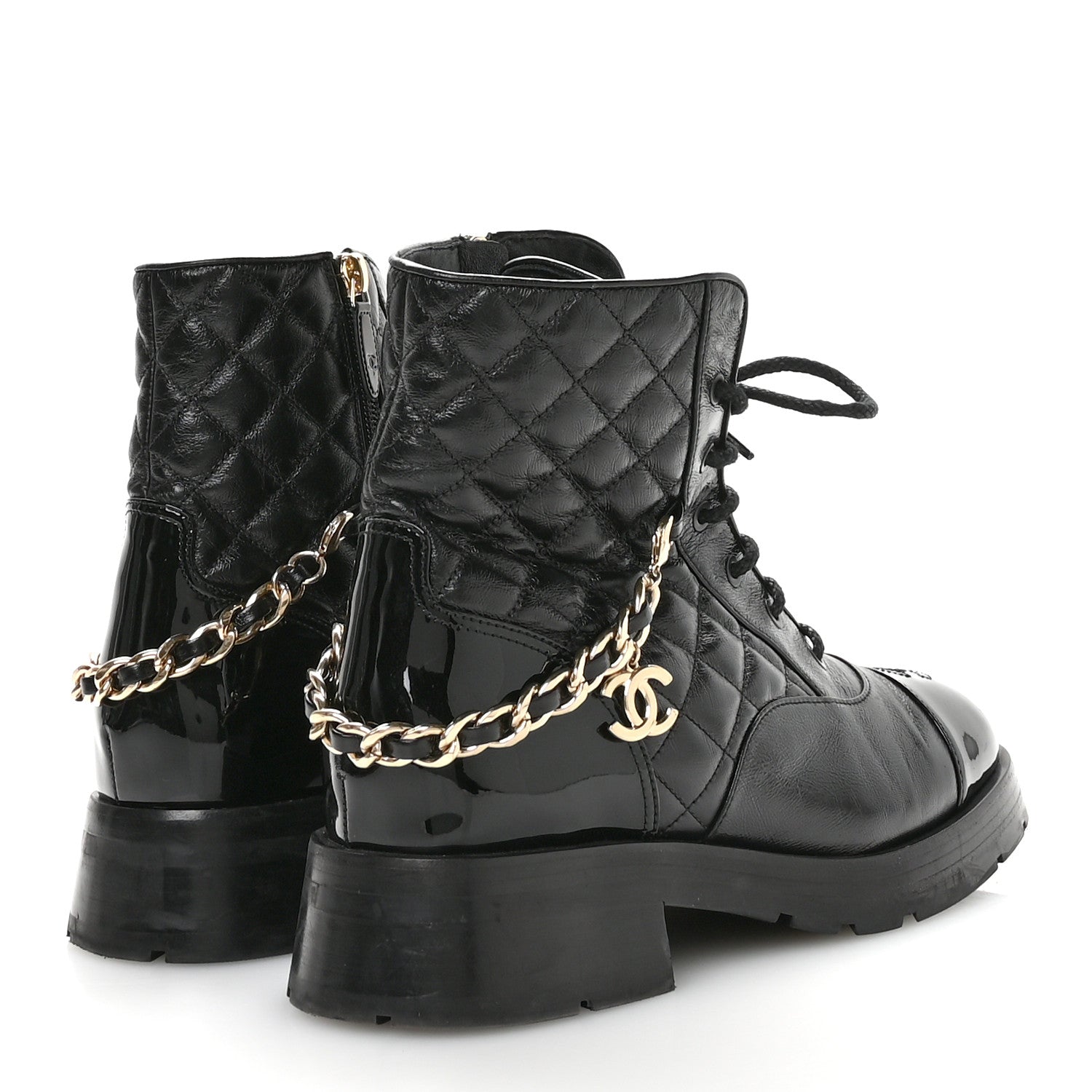 Chanel Shiny Calfskin Patent Quilted Chain Lace Up Combat Boots 40 Black 5 of 10