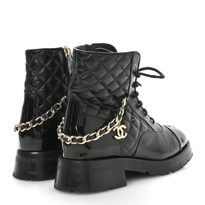 Chanel Shiny Calfskin Patent Quilted Chain Lace Up Combat Boots 40 Black 5 of 10