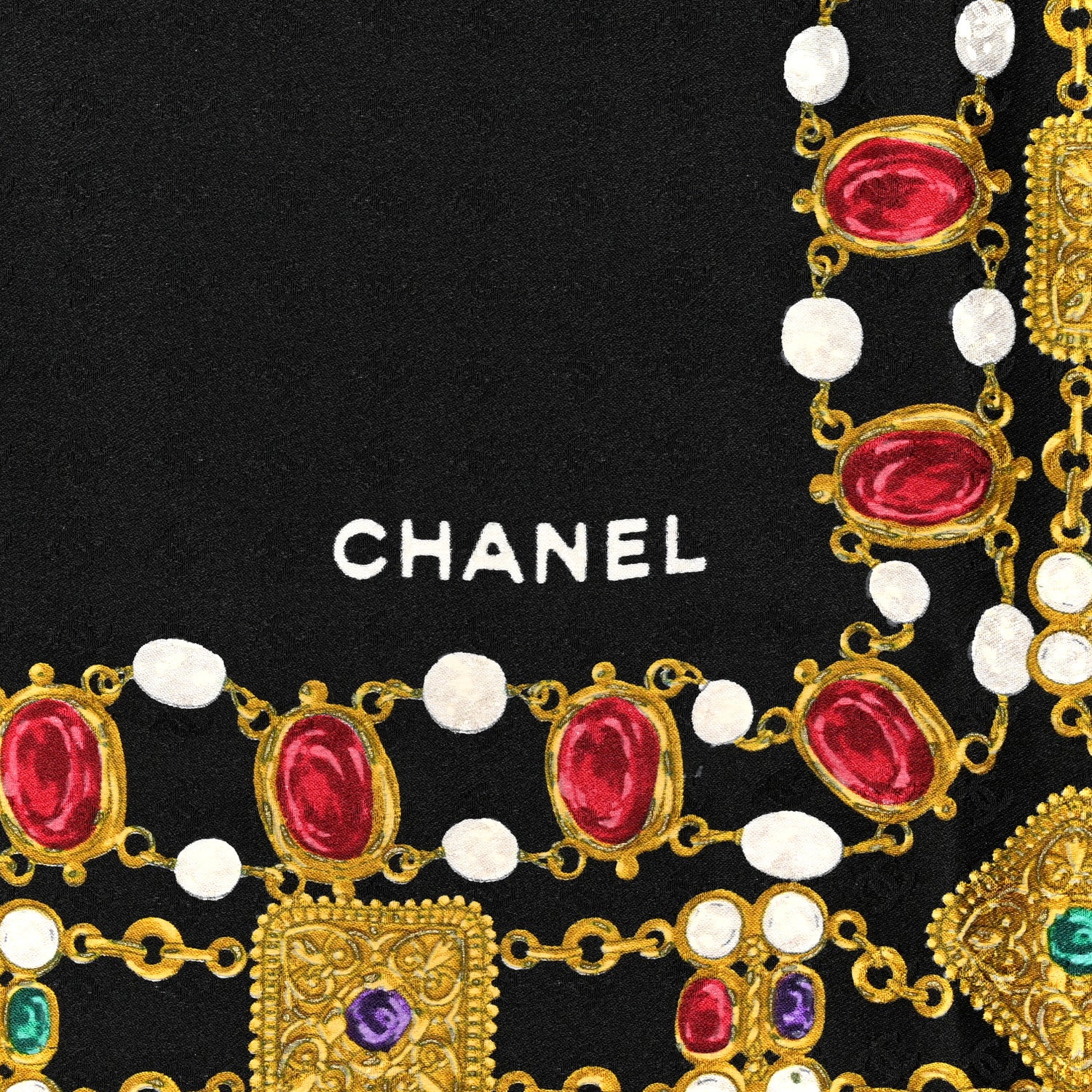 Chanel Silk Pearl Jewel Chain Print Scarf Black 2 of 4