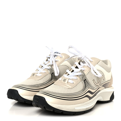 Chanel Fabric Laminated Calfskin Stretch CC Sneakers 40 Ivory Gold Silver 4 of 10