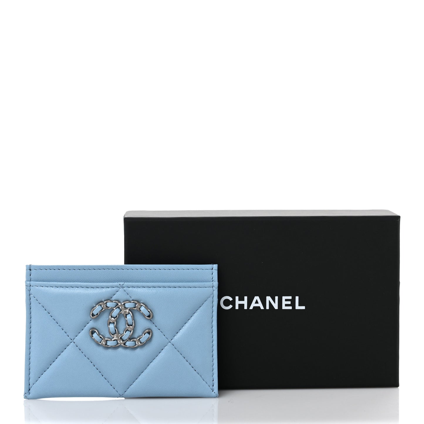 Lambskin Quilted Chanel 19 Card Holder Light Blue
