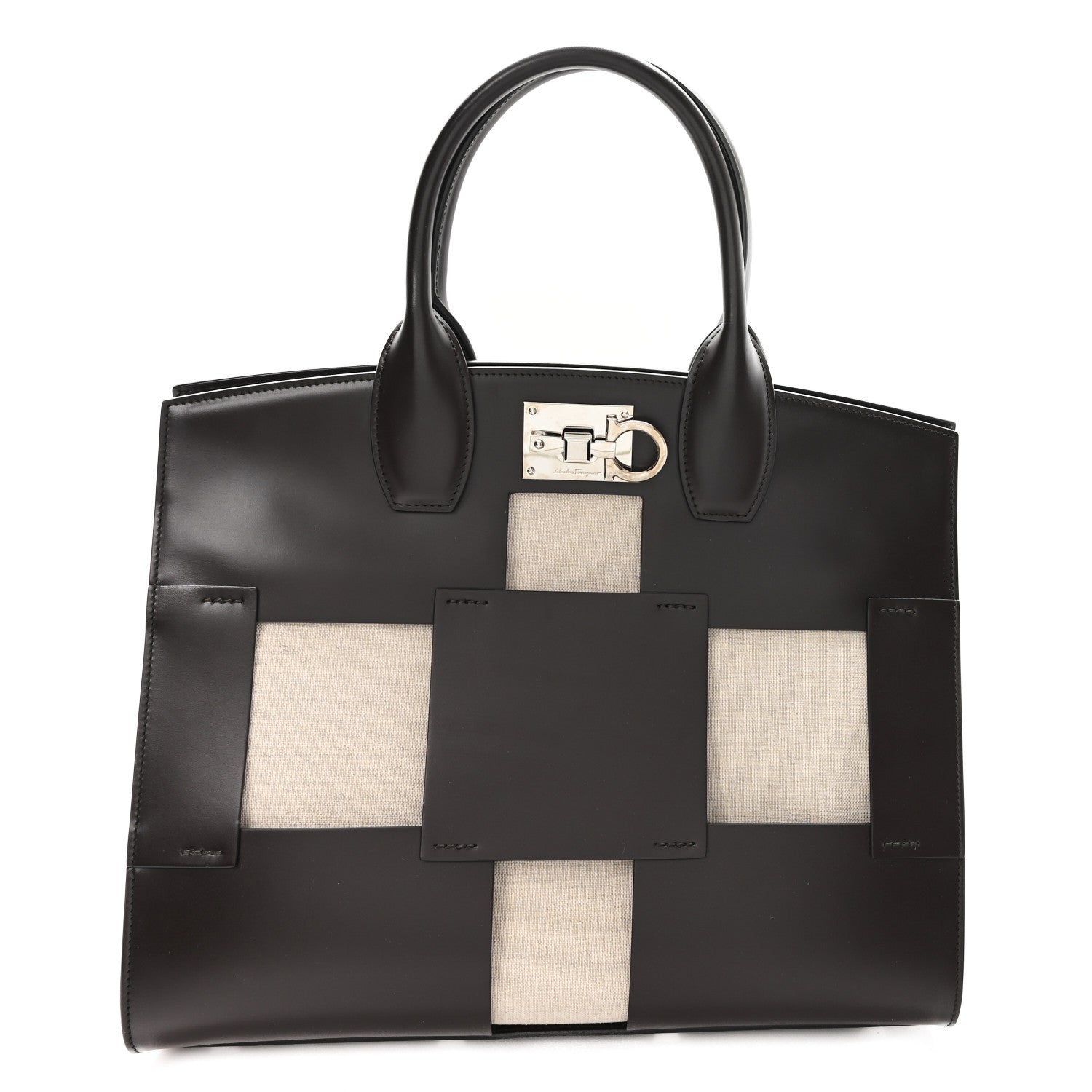 Salvatore Ferragamo Hickory Calfskin Canvas Cutout The Studio Box Bag Beige Brown 1 of 11