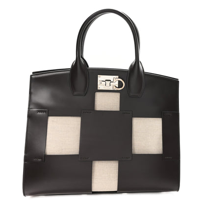 Salvatore Ferragamo Hickory Calfskin Canvas Cutout The Studio Box Bag Beige Brown 1 of 11