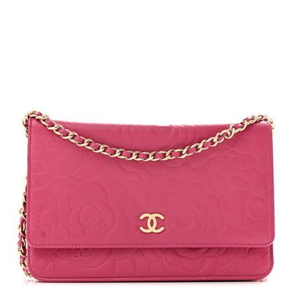 Chanel Lambskin Camellia Embossed Wallet on Chain WOC Fuchsia 1 of 13