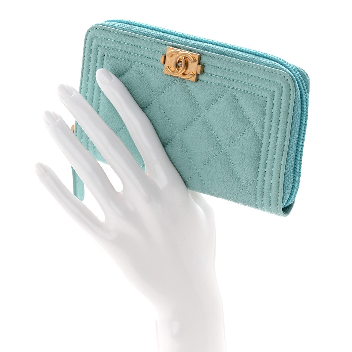 Chanel Caviar Quilted Small Boy Zip Around Wallet Light Blue 2 of 9