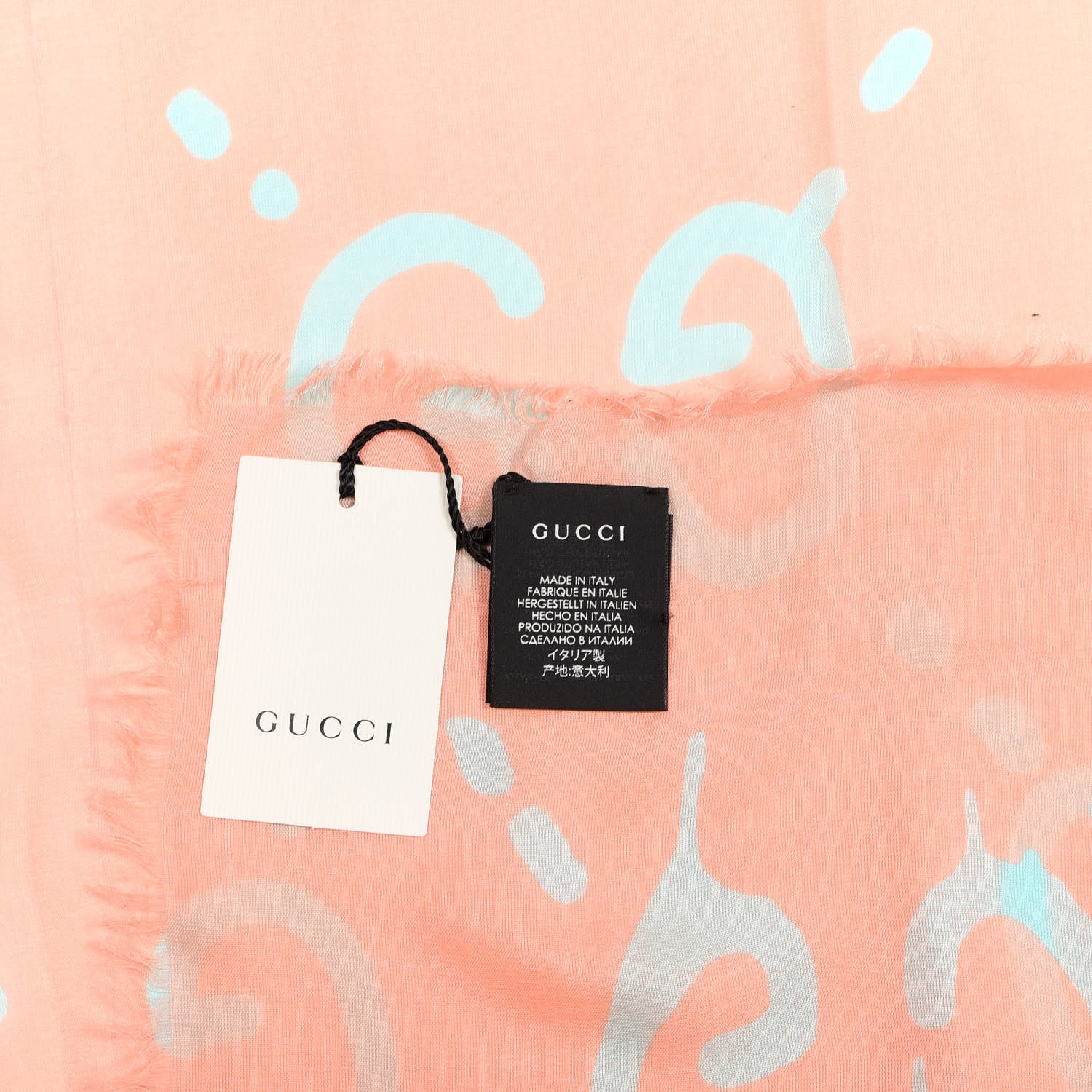 Gucci Modal Silk GG Writers Fringe Shawl Old Rose Sky Blue 3 of 4