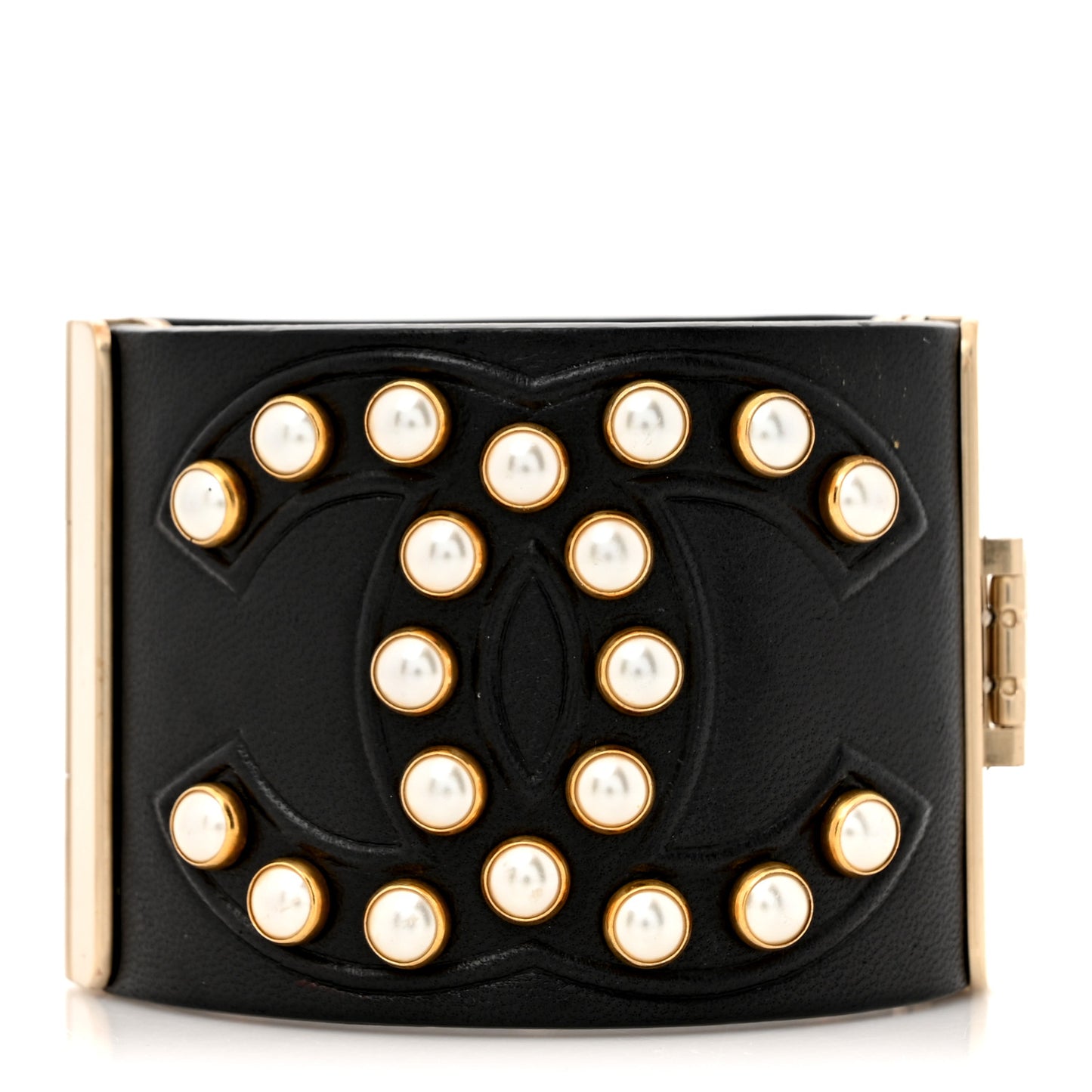 Lambskin Calfskin Pearl CC Cuff Bracelet Black Gold