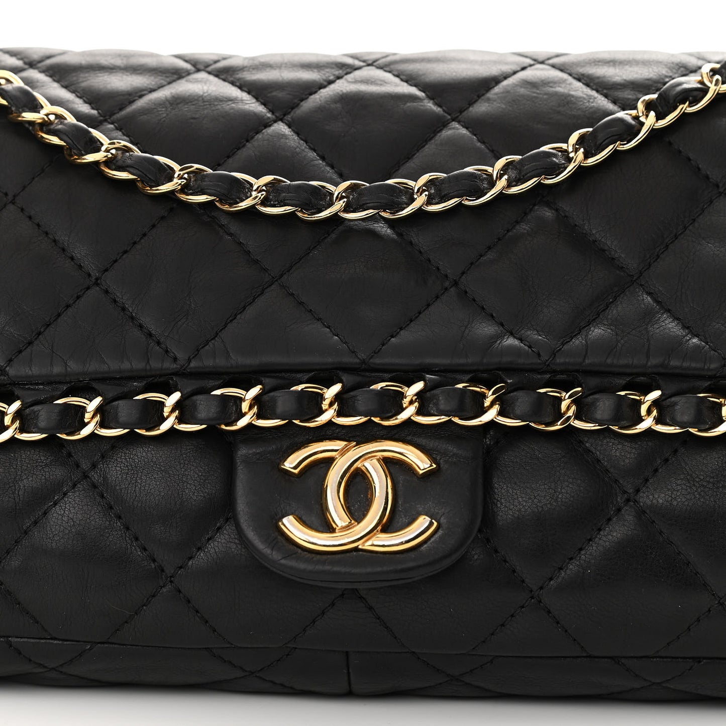 Crumpled Calfskin Quilted Large Chain All Over Flap Bag Black