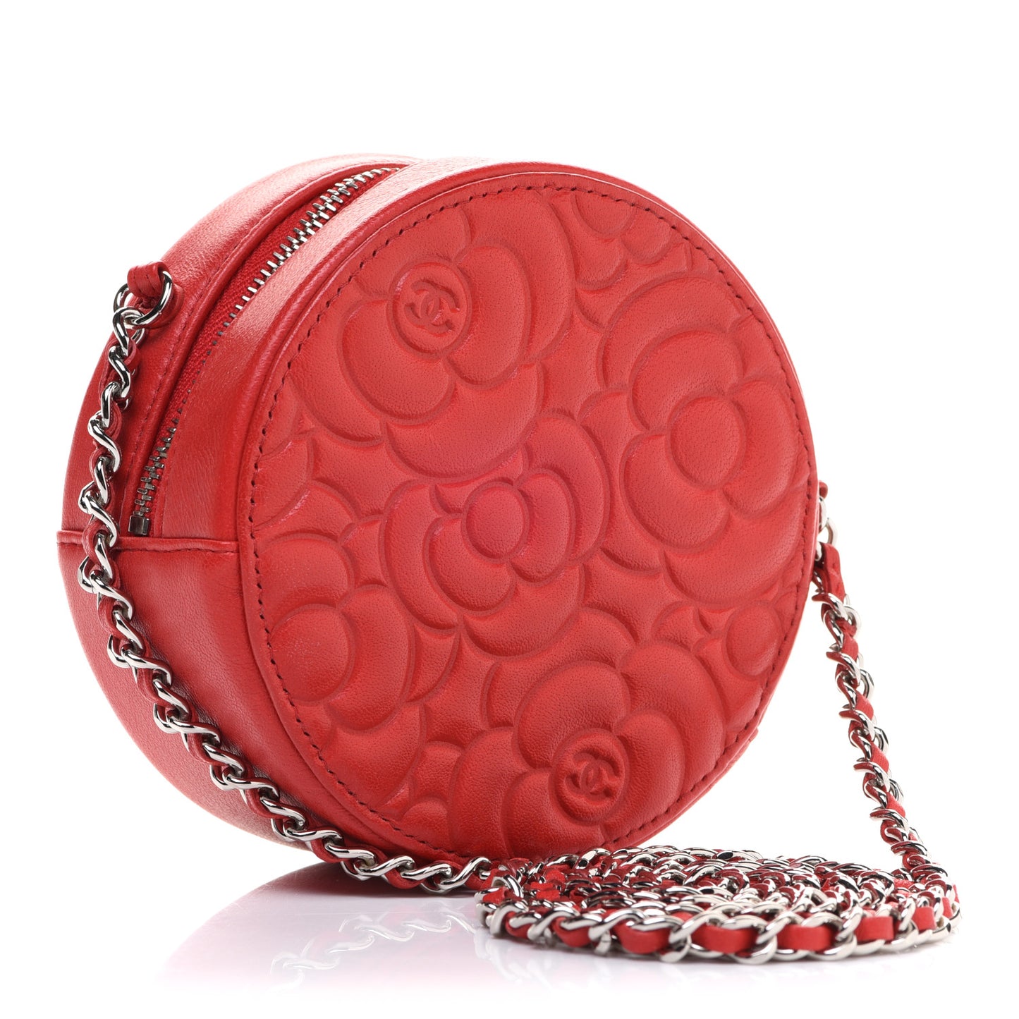 Lambskin Camellia Quilted Round Clutch With Chain Red