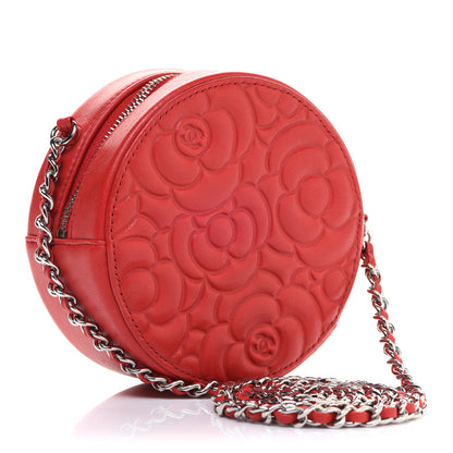Chanel Lambskin Camellia Quilted Round Clutch With Chain Red 3 of 11