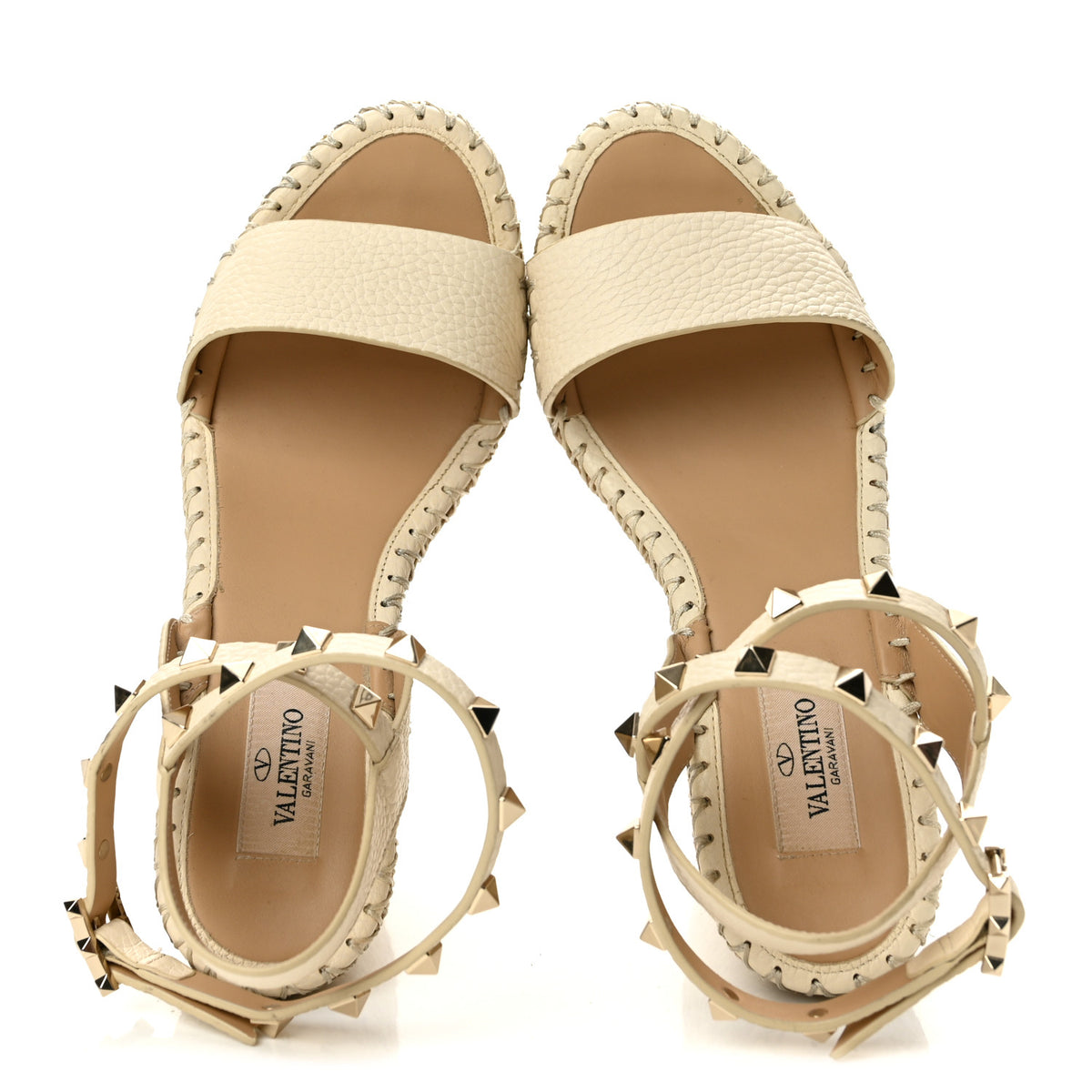 Grained Calfskin Rockstud Ankle Strap Espadrille 15/105mm Wedge Sandals 36 Light Ivory Natural