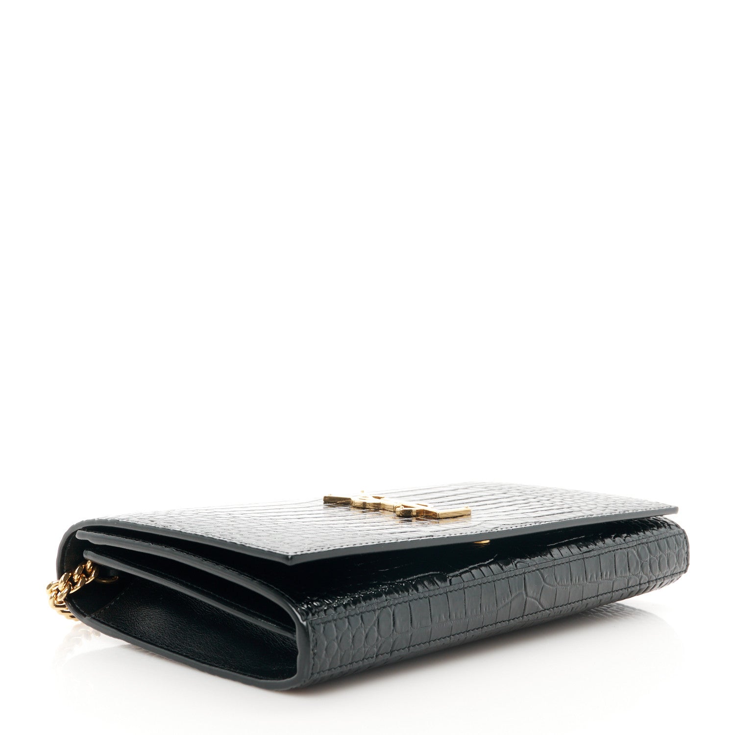 Saint Laurent Calfskin Crocodile Embossed Cassandre Wallet On Chain WOC Black 4 of 9