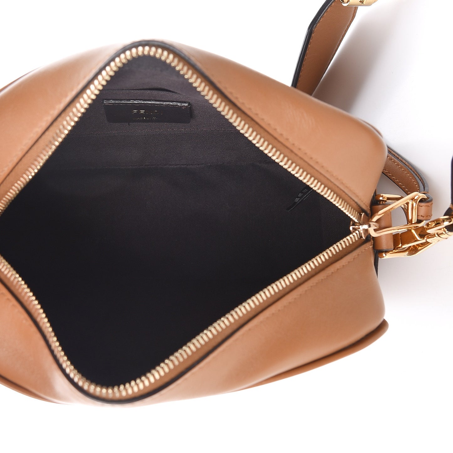 Glazed Fabric Vitello Century F is Fendi FF 1974 Stamp Patch Camera Case Mogano Panna Caramello