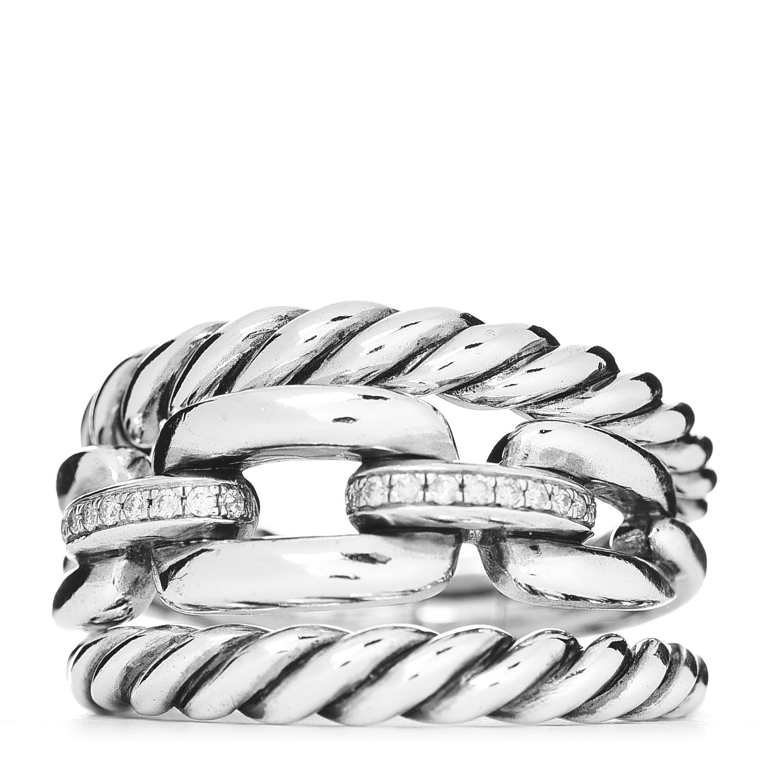 David Yurman Sterling Silver Diamond Wellesley Link Three-Row Ring 55 7.25 1 of 4