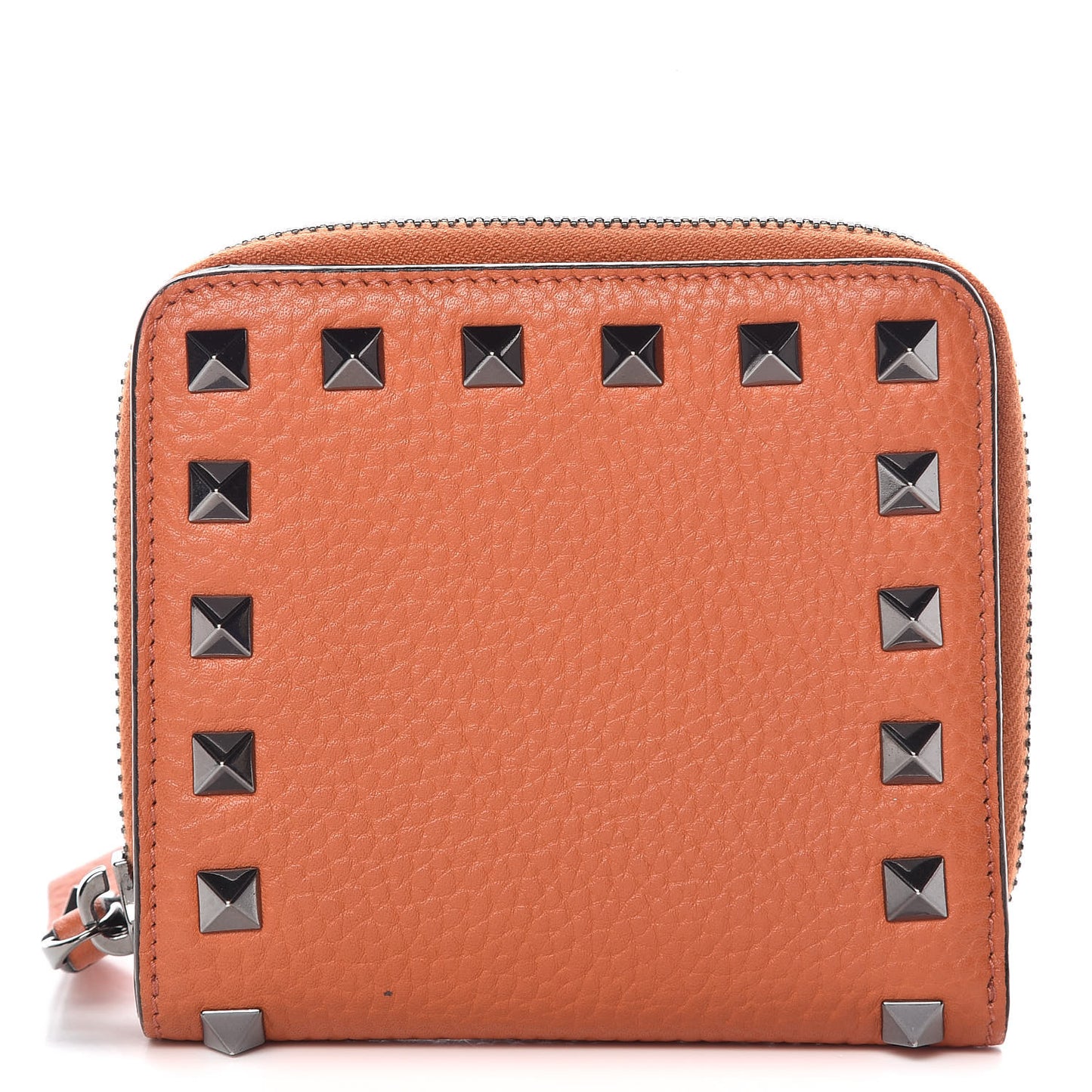 Pebbled Calfskin Rockstud Compact Zip Around Wallet Orange