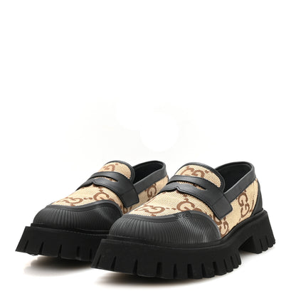 Gucci Monogram Jumbo GG Miro Soft Calfskin Mens Lug Sole Loafers 9 Camel Ebony Black 4 of 9