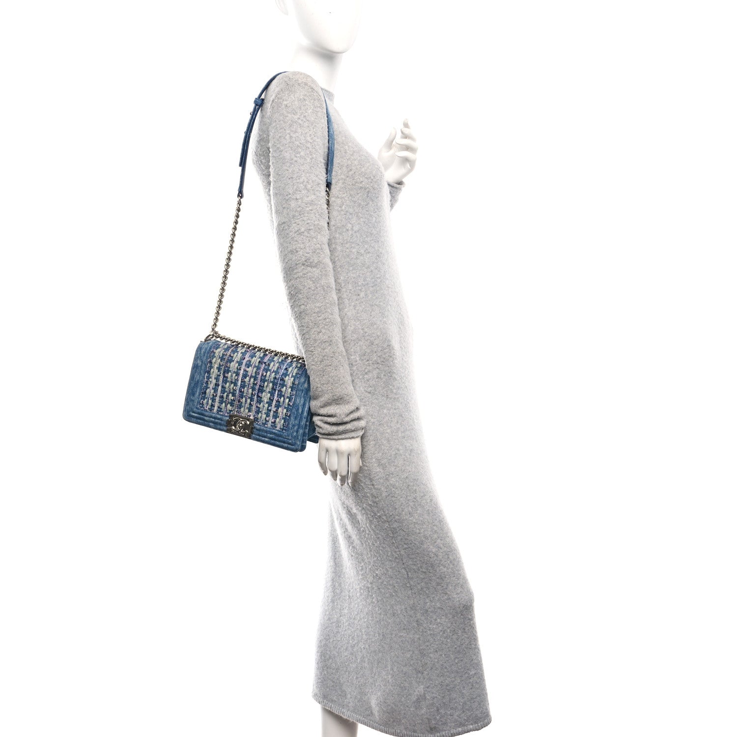Chanel Cotton Tweed Denim Medium Boy Flap Light Green Light Blue 2 of 11
