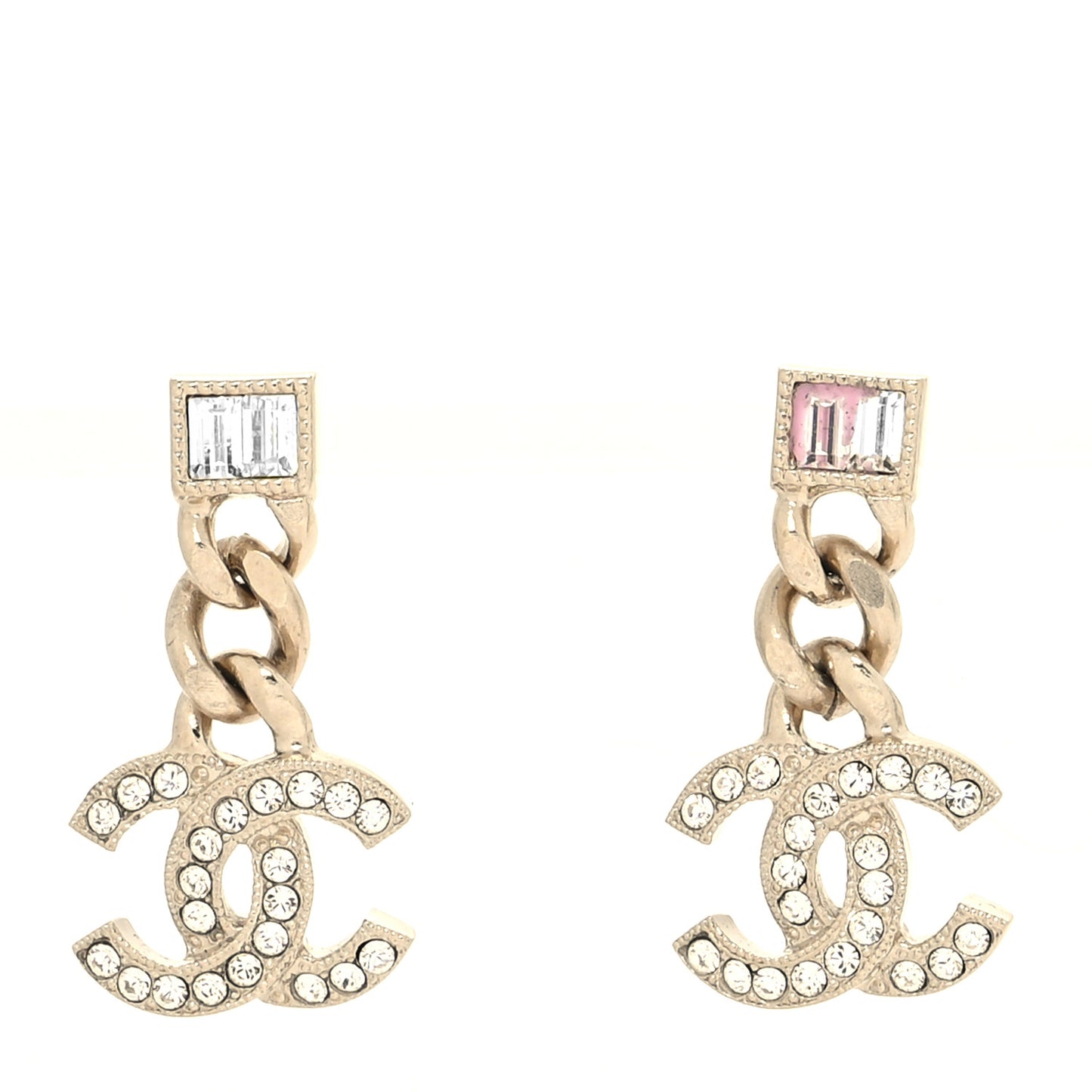 Metal Crystal Baguette CC Chain Drop Earrings Gold
