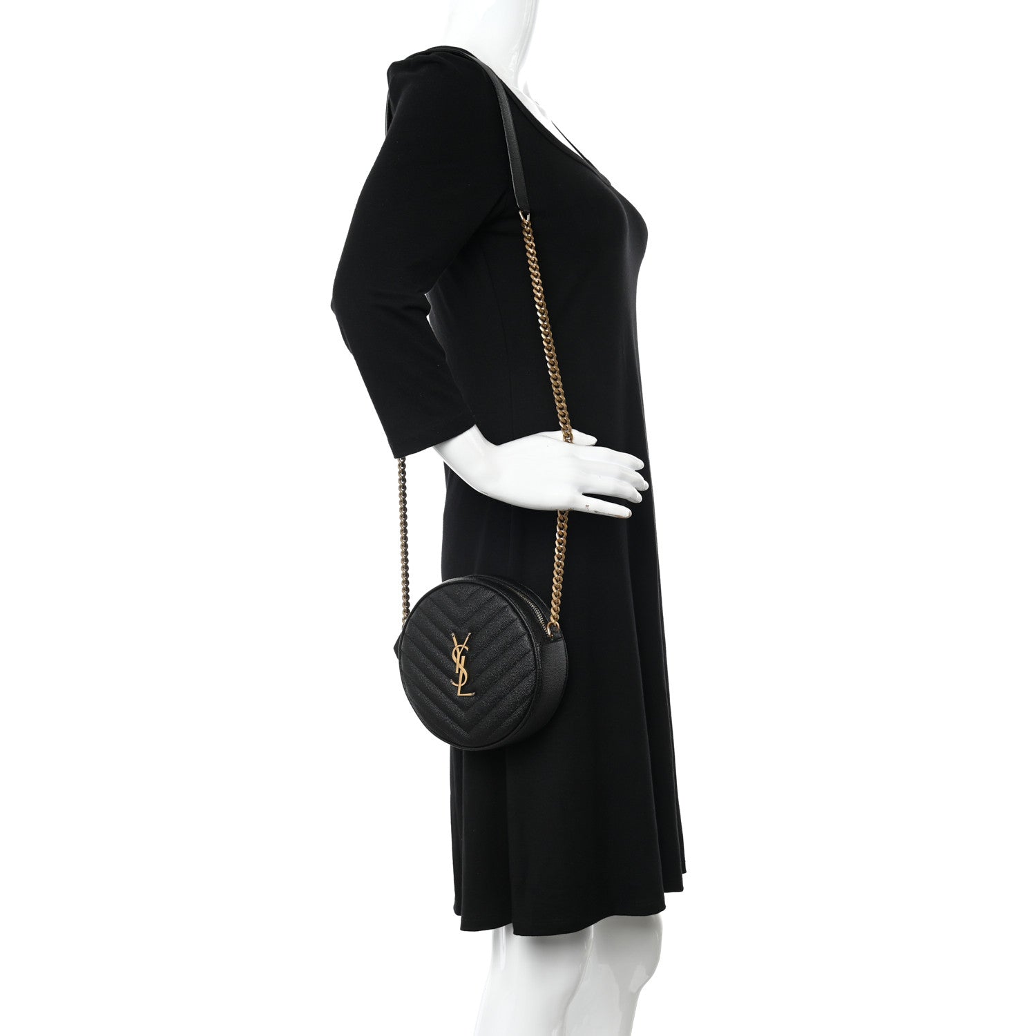 Saint Laurent Grain De Poudre Matelasse Chevron Quilted Round Vinyle Camera Bag Black 2 of 8