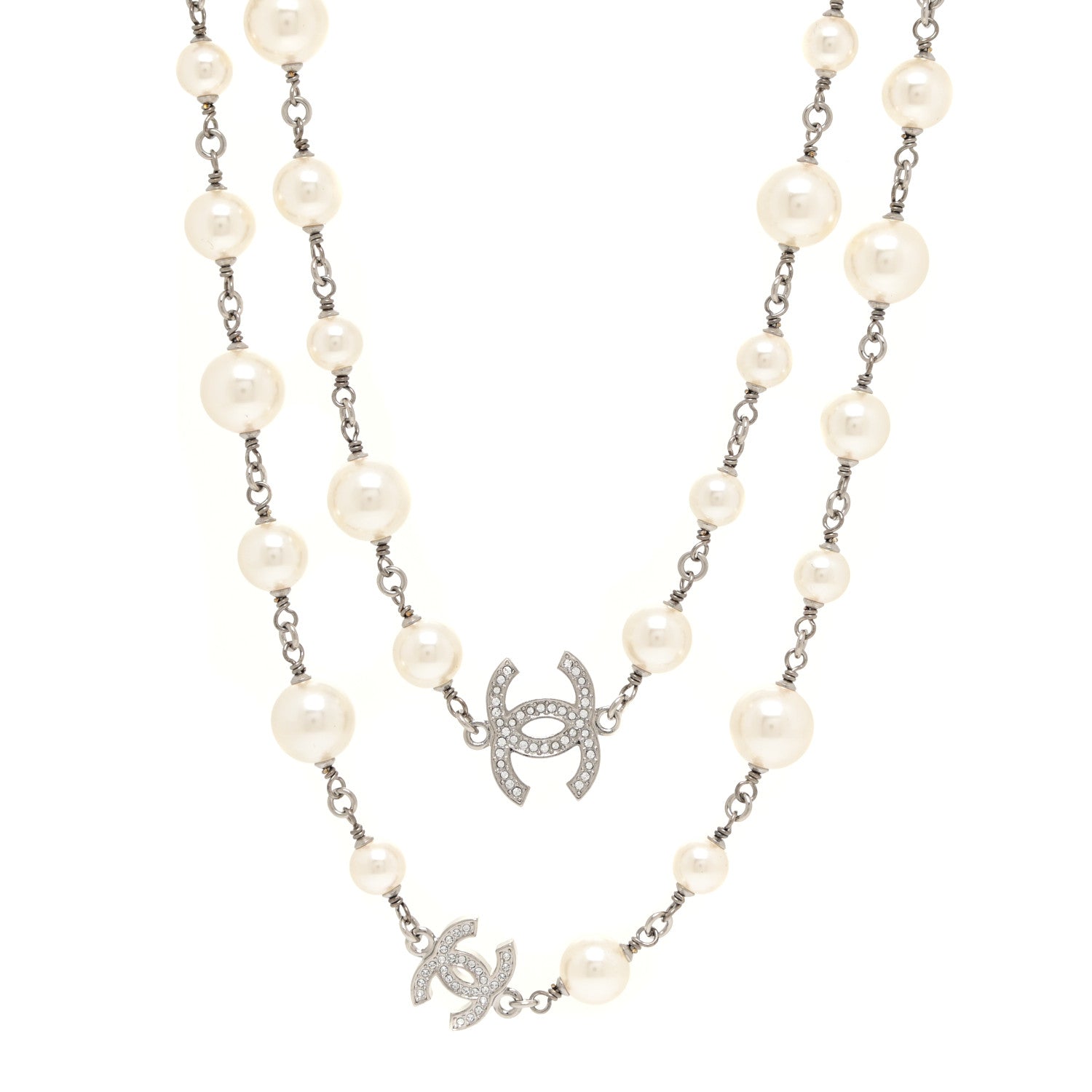 Chanel Crystal Pearl CC Long Necklace Silver 1 of 5