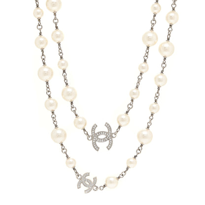 Chanel Crystal Pearl CC Long Necklace Silver 1 of 5