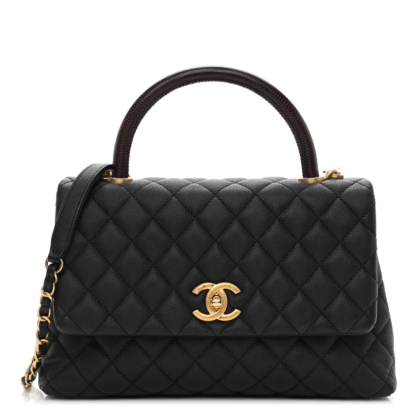 Caviar Lizard Embossed Quilted Small Coco Handle Flap Black