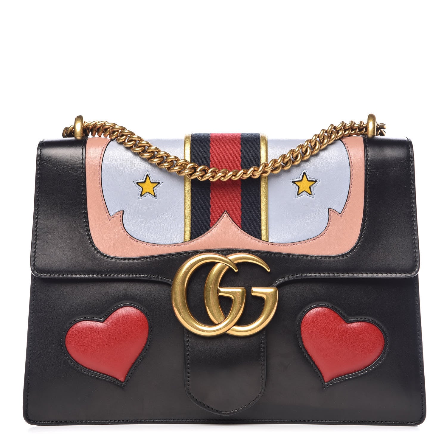 Gucci Calfskin Web Heart Medium GG Marmont Chain Handle Bag Black 1 of 11
