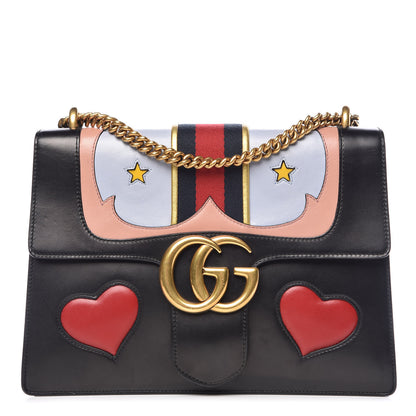 Gucci Calfskin Web Heart Medium GG Marmont Chain Handle Bag Black 1 of 11