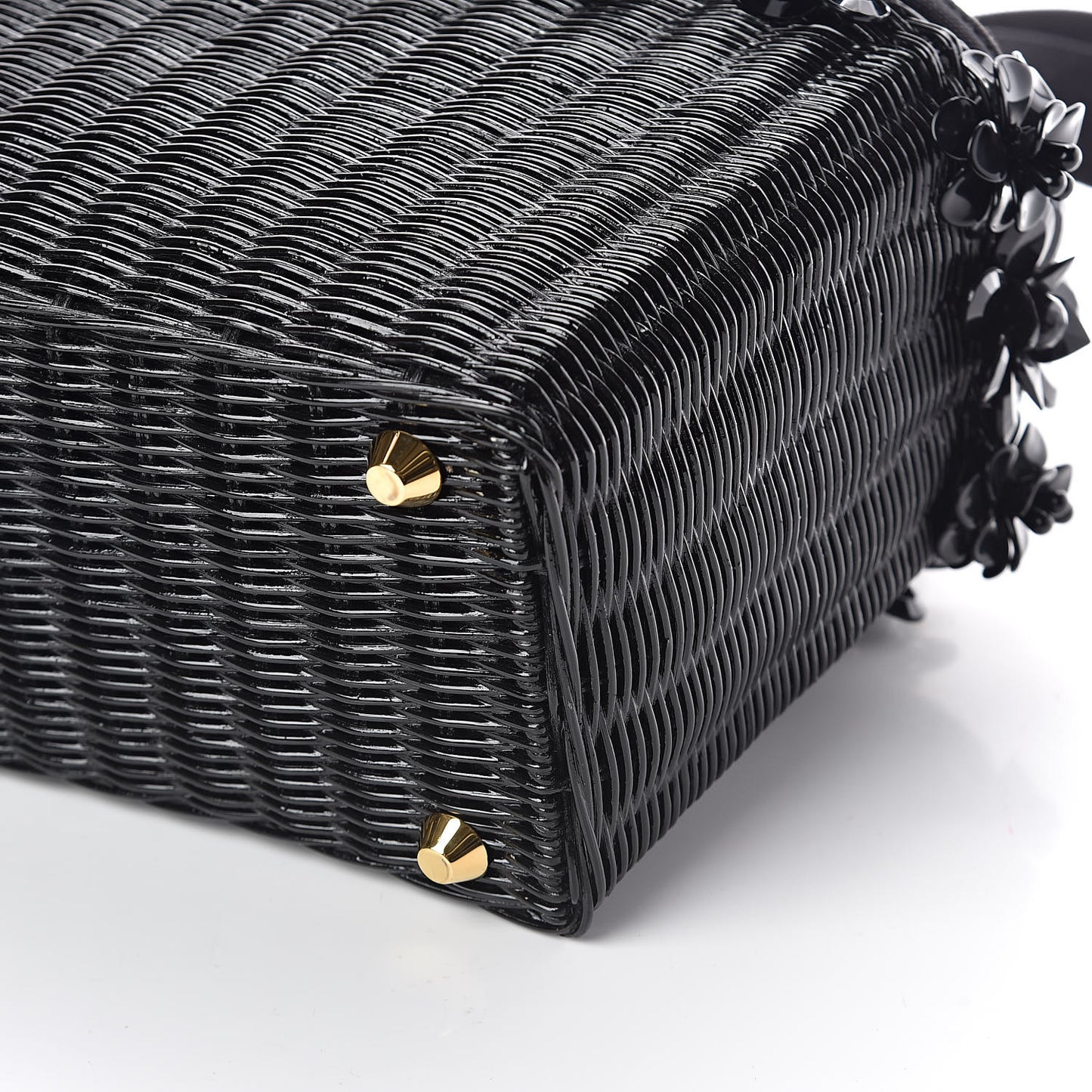 Wicker Canvas Floral Embellished Shoulder Bag Black