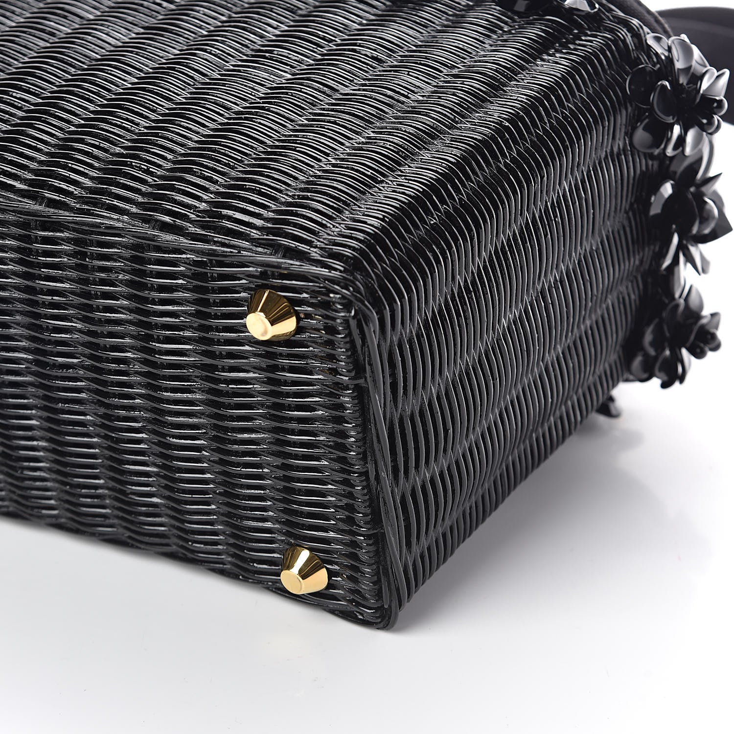 Prada Wicker Canvas Floral Embellished Shoulder Bag Black 9 of 9