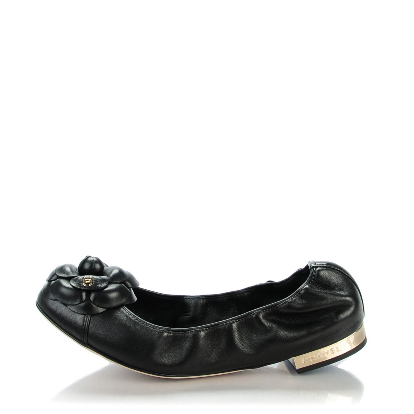 Lambskin Elastic Camellia Ballerina Flats 38 Black