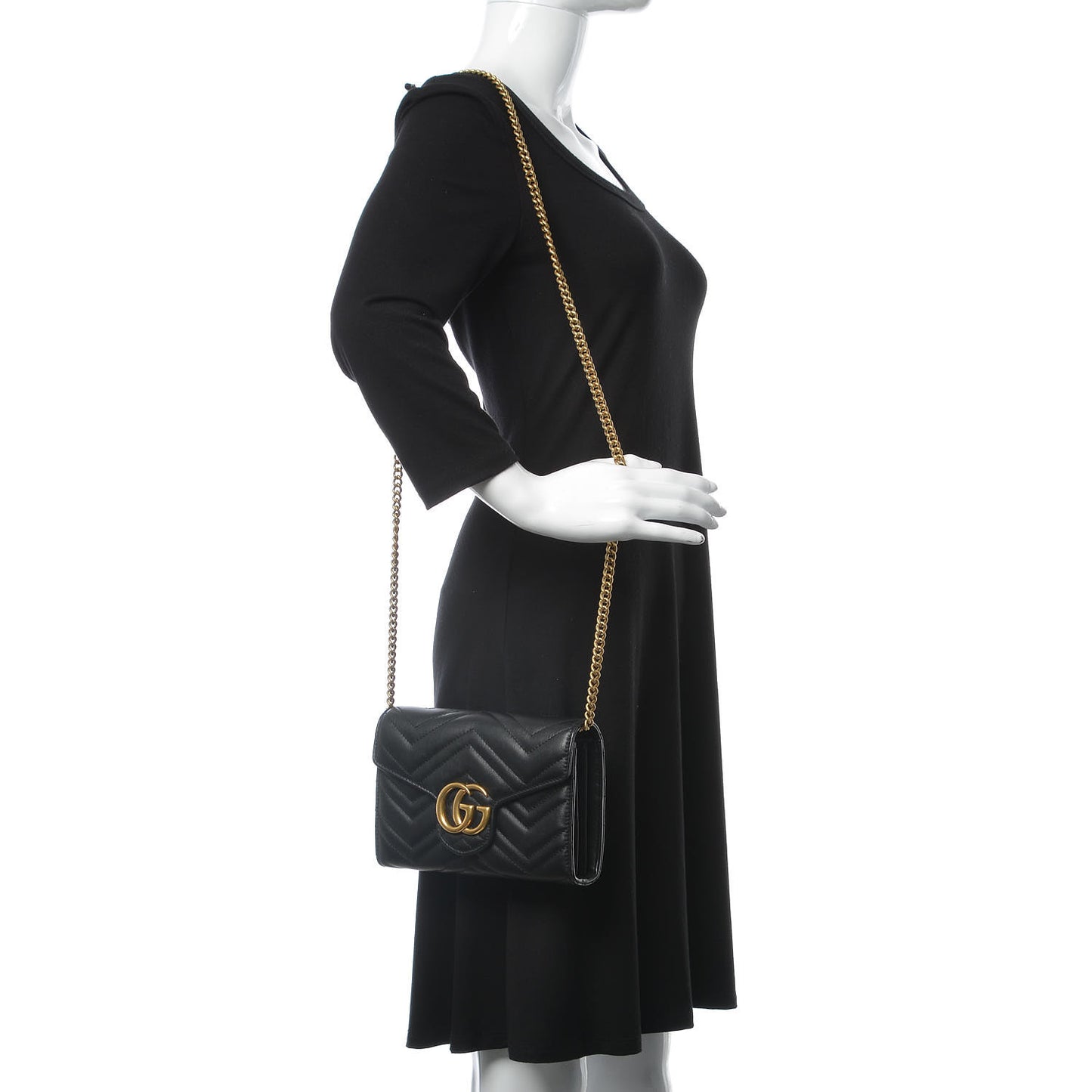 Calfskin Matelasse GG Marmont Chain Wallet Black