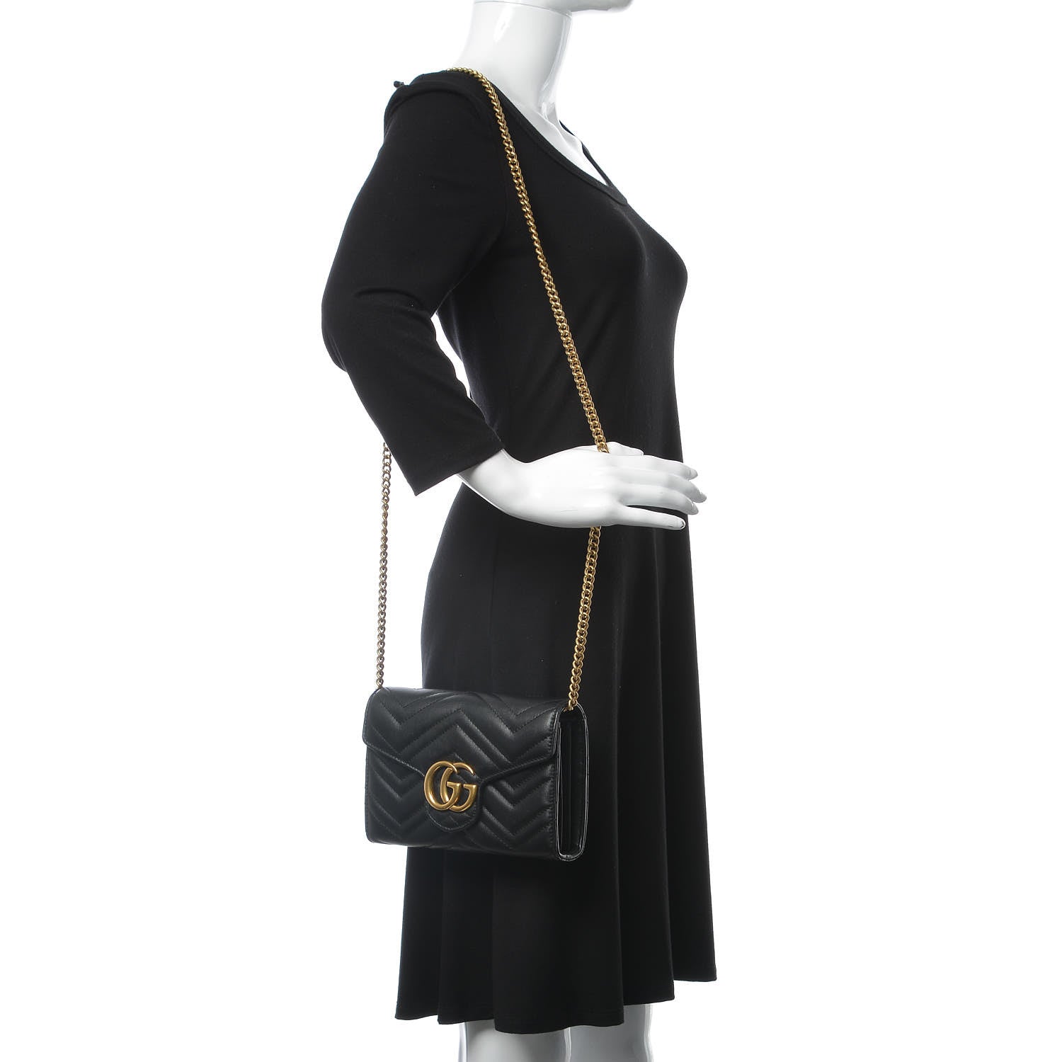 Gucci Calfskin Matelasse GG Marmont Chain Wallet Black 2 of 7