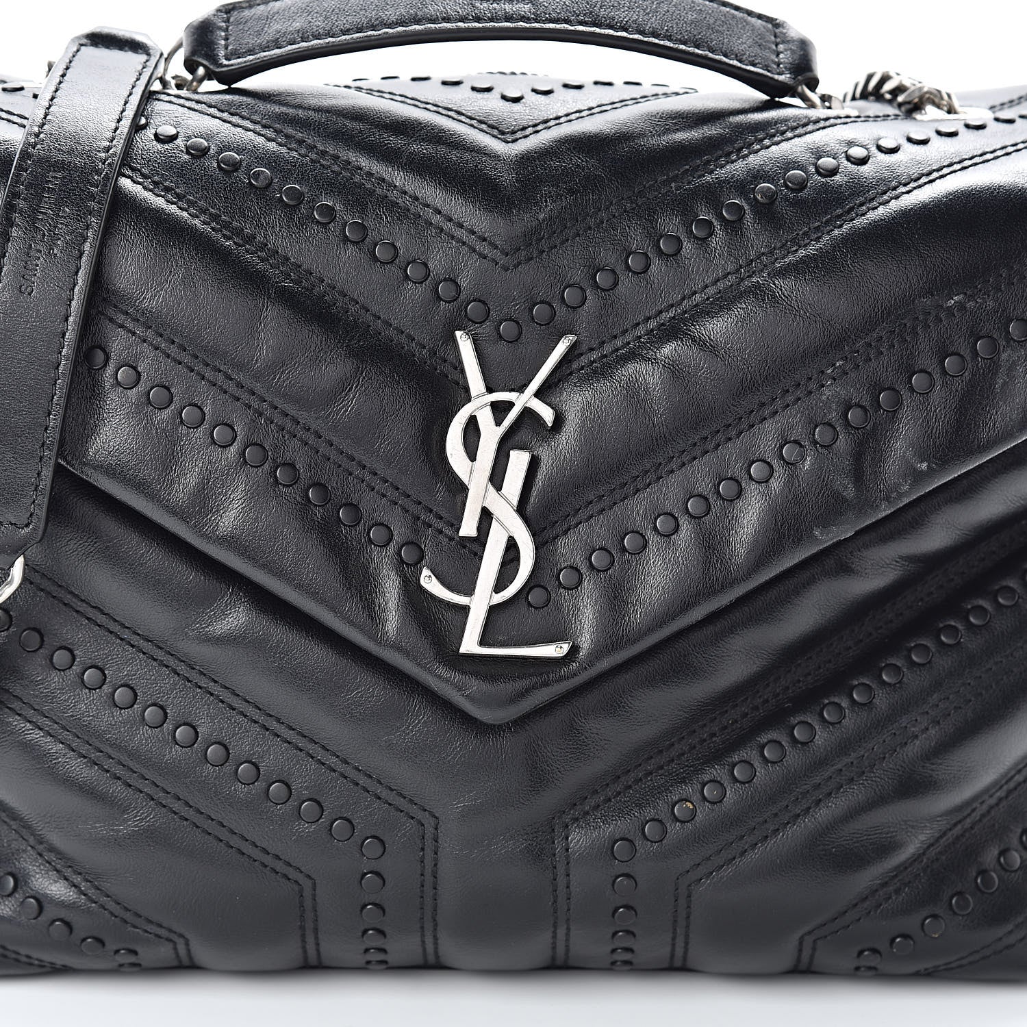 Saint Laurent Calfskin Y Quilted Studded Monogram Small Loulou Chain Satchel Black 9 of 15