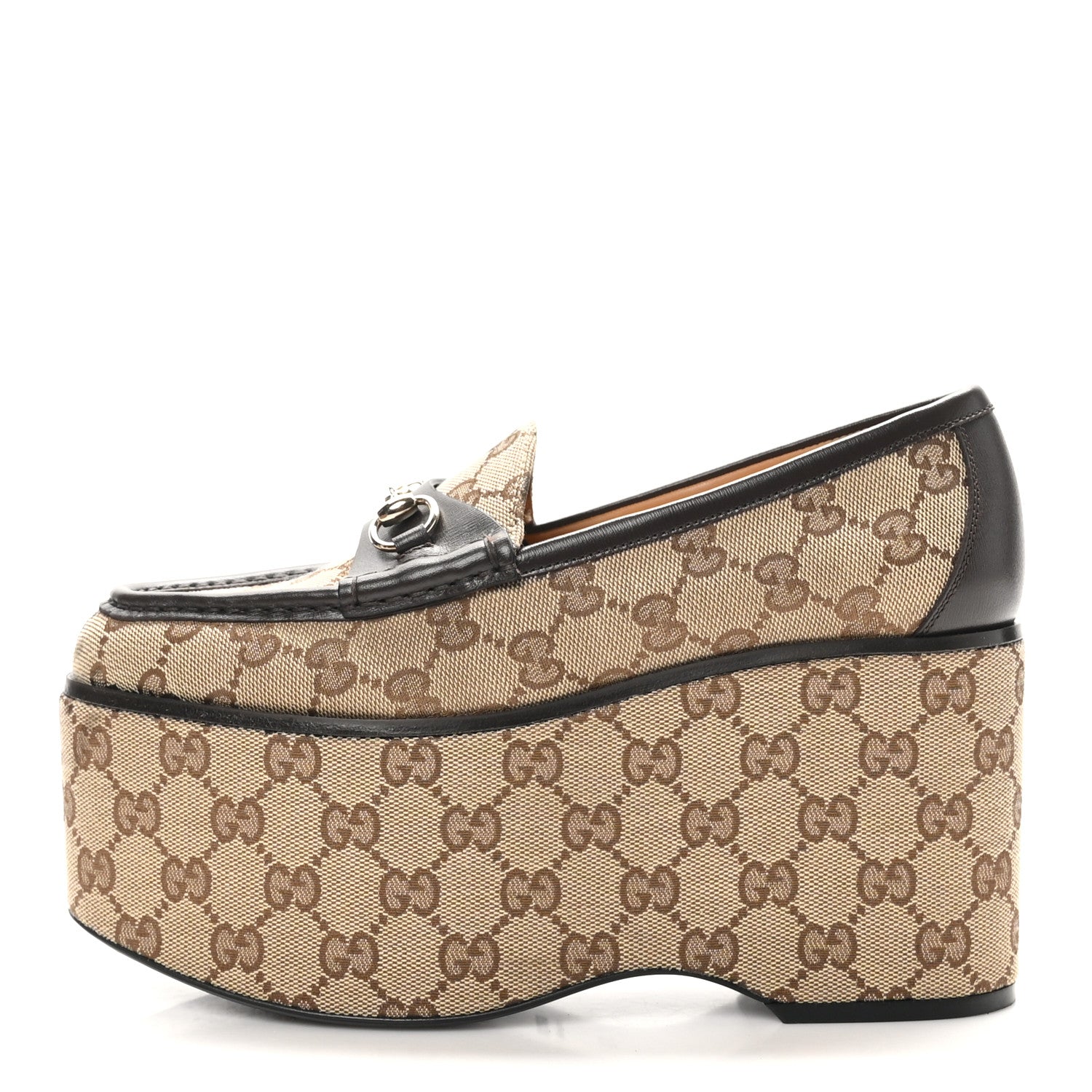 Gucci Canvas GG Monogram Horsebit Calfskin Womens Horsebit Platform Loafers 37.5 Beige Ebony 1 of 11