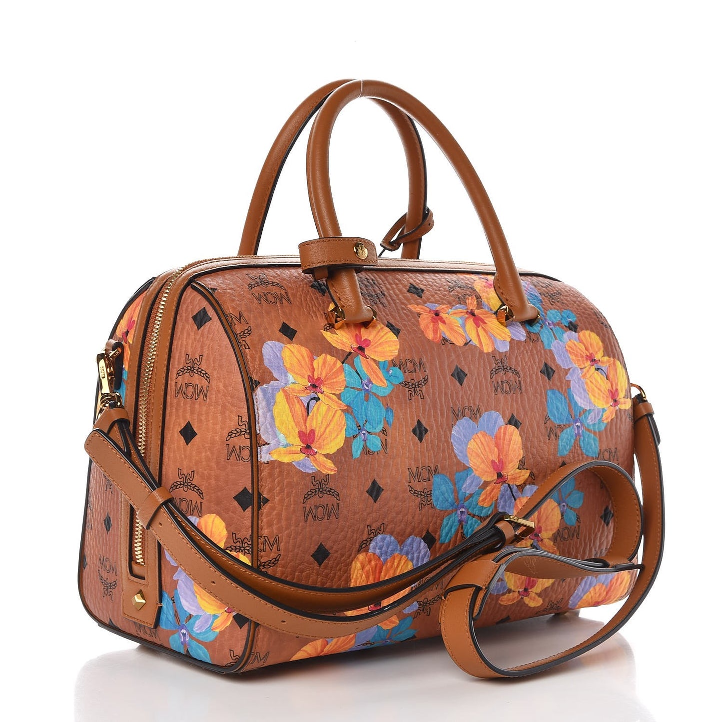 Visetos Floral Print Boston Bag Cognac