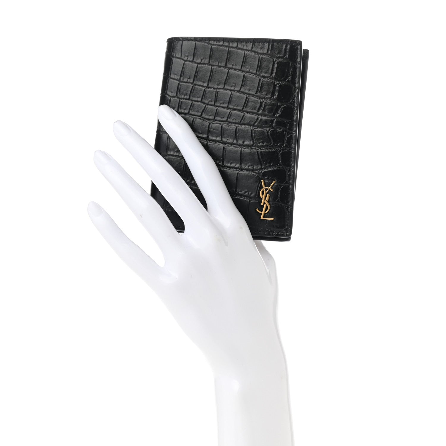 Saint Laurent Calfskin Crocodile Embossed Tiny Monogram Credit Card Wallet Black 2 of 7