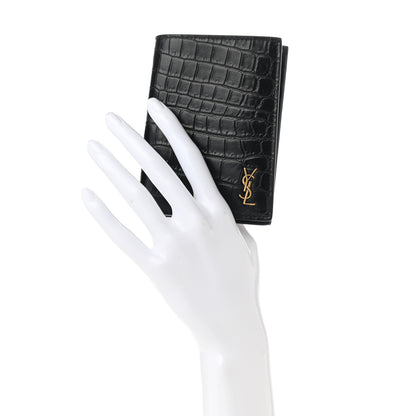 Saint Laurent Calfskin Crocodile Embossed Tiny Monogram Credit Card Wallet Black 2 of 7