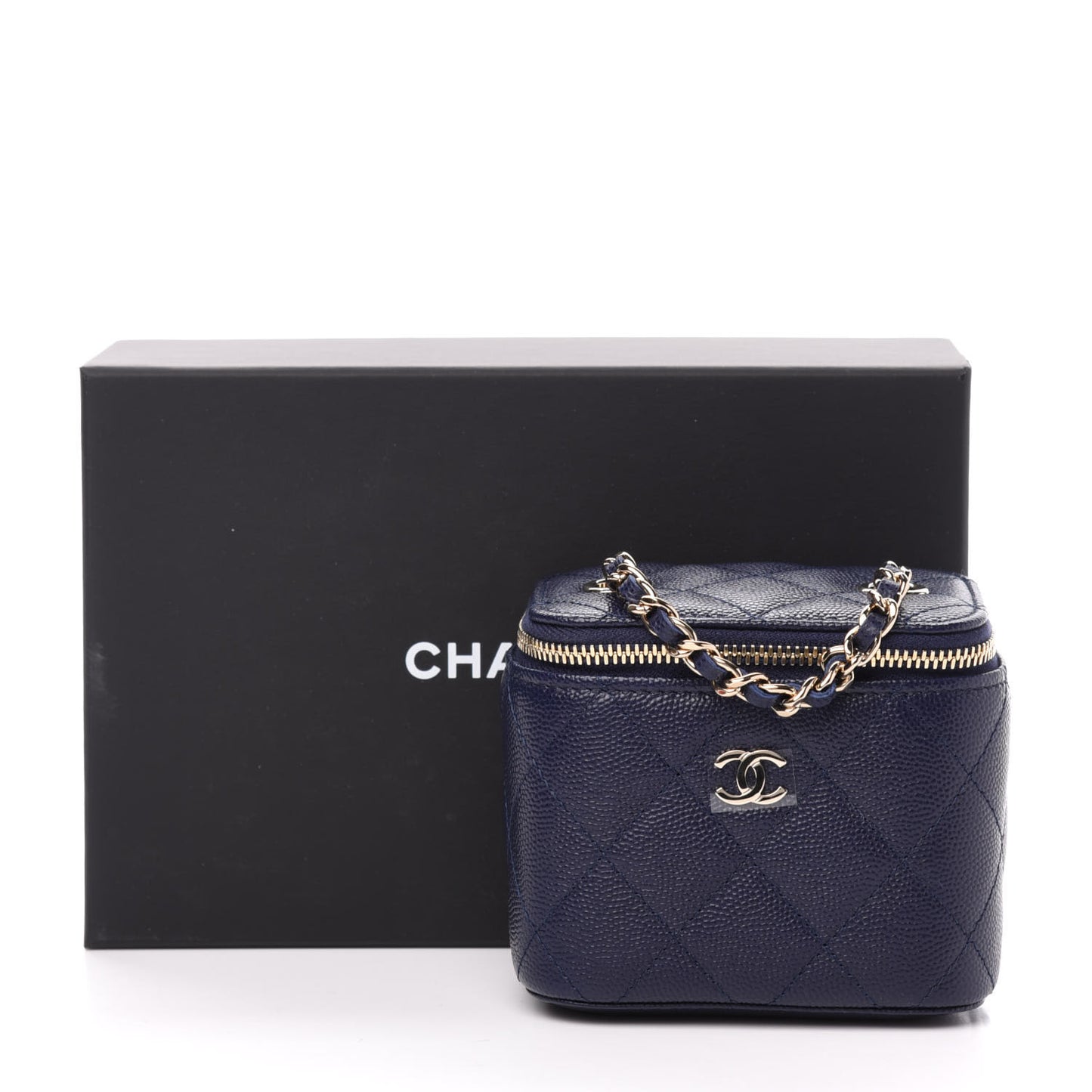 Caviar Quilted Mini Vanity Case With Chain Navy Blue