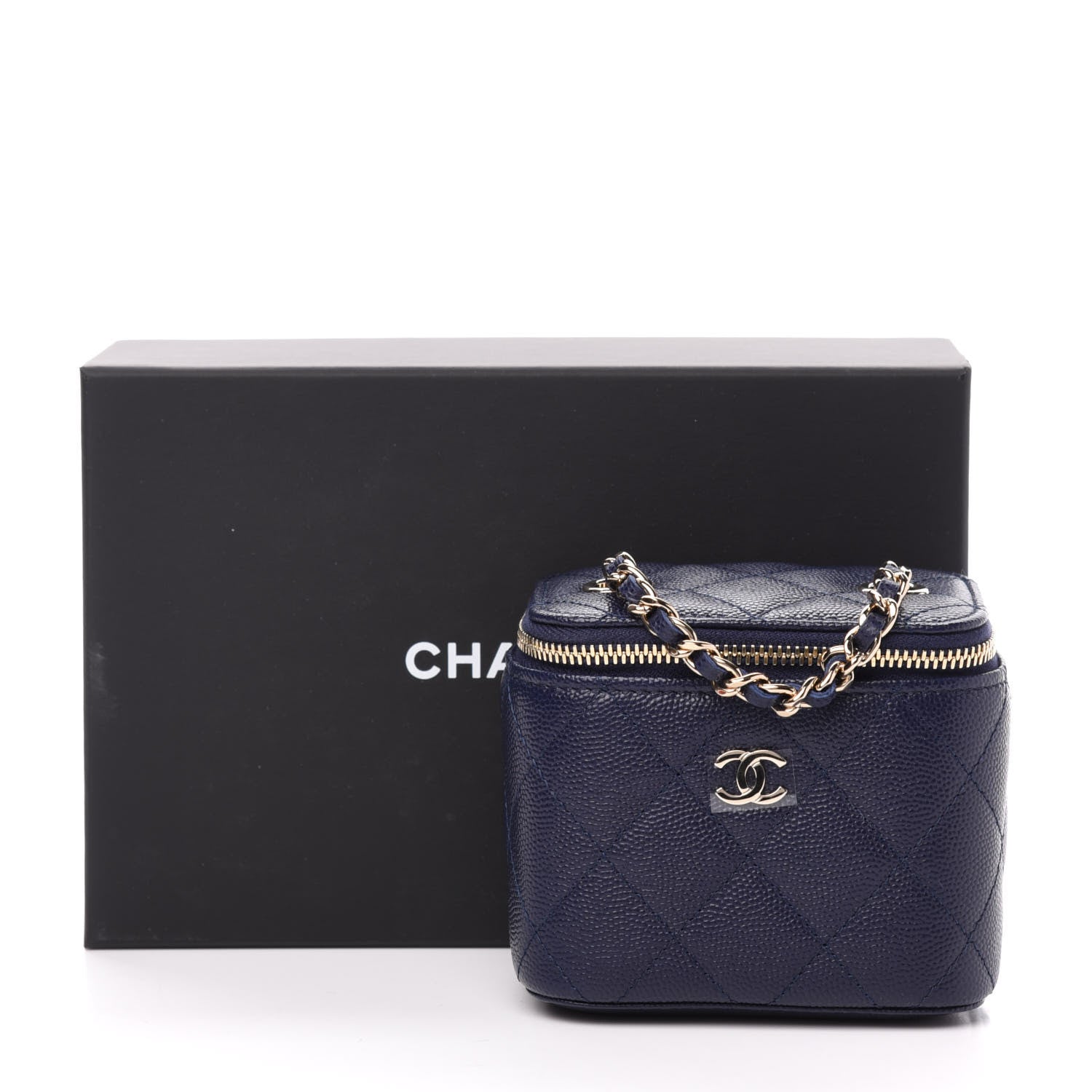 Chanel Caviar Quilted Mini Vanity Case With Chain Navy Blue 11 of 11