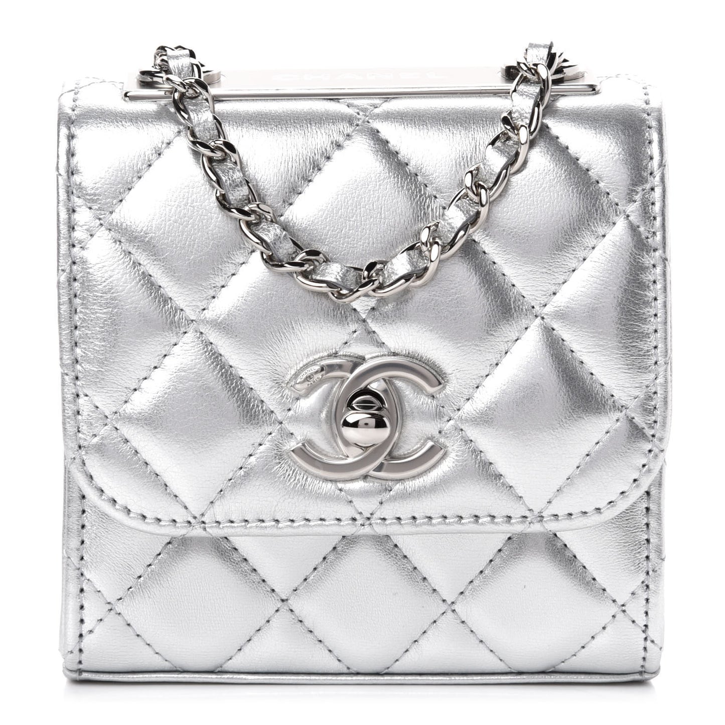 Metallic Lambskin Quilted Mini Trendy CC Clutch With Chain Silver