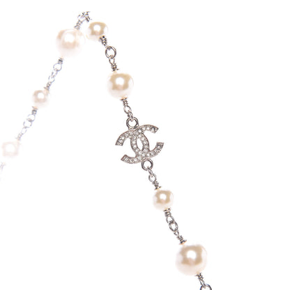 Chanel Crystal Pearl CC Long Necklace Silver 6 of 9