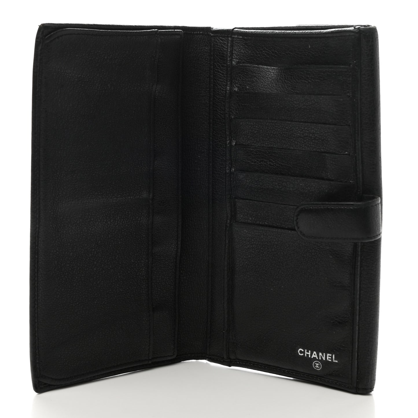 Goatskin Camellia Embossed Flap Wallet Black