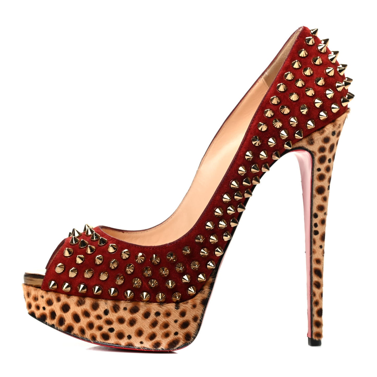Veau Velours Calf Hair Leopard Lady Peep Spikes 150 Pumps 40 Red