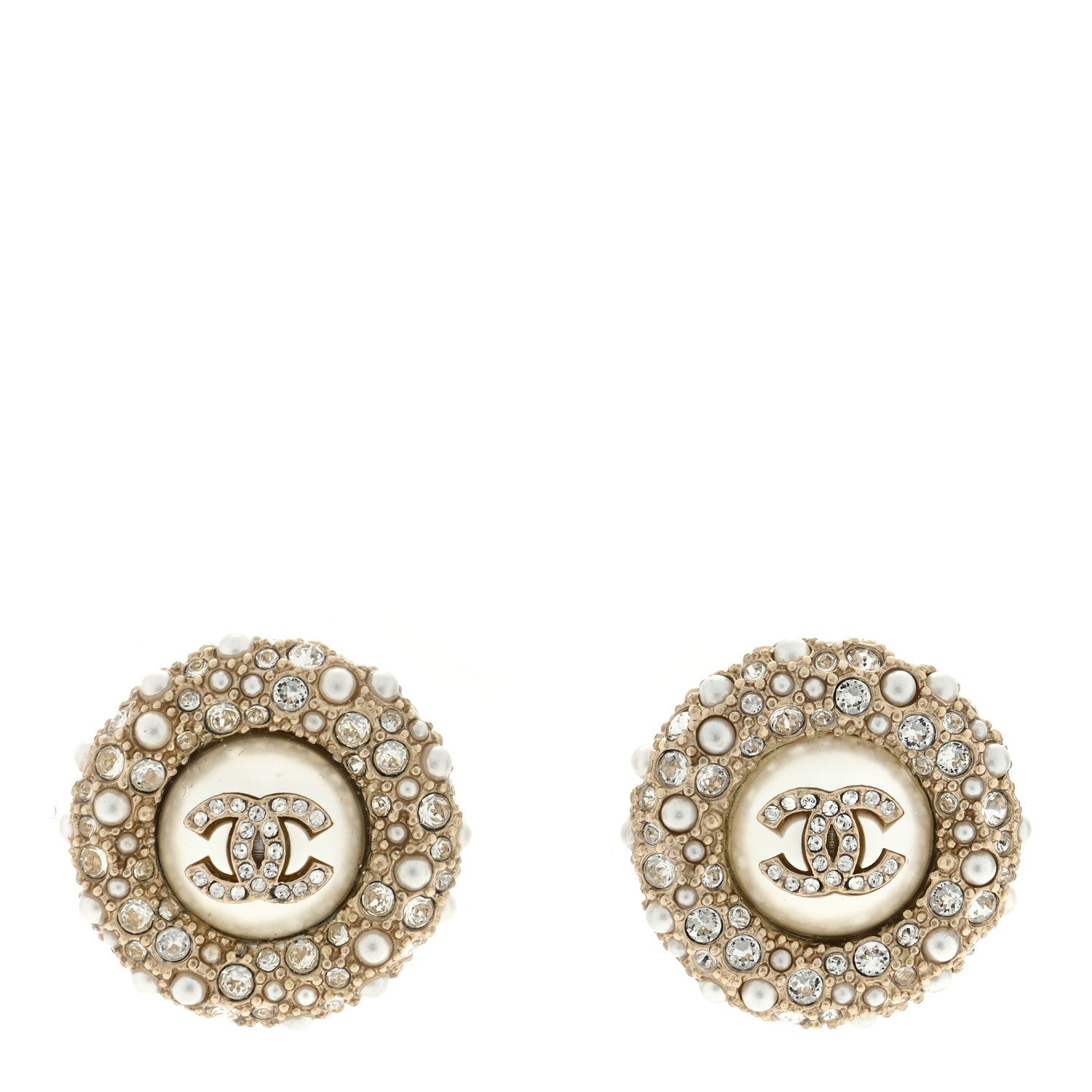 Chanel Pearl Crystal CC Round Earrings Light Gold 1 of 4