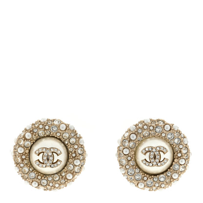 Chanel Pearl Crystal CC Round Earrings Light Gold 1 of 4