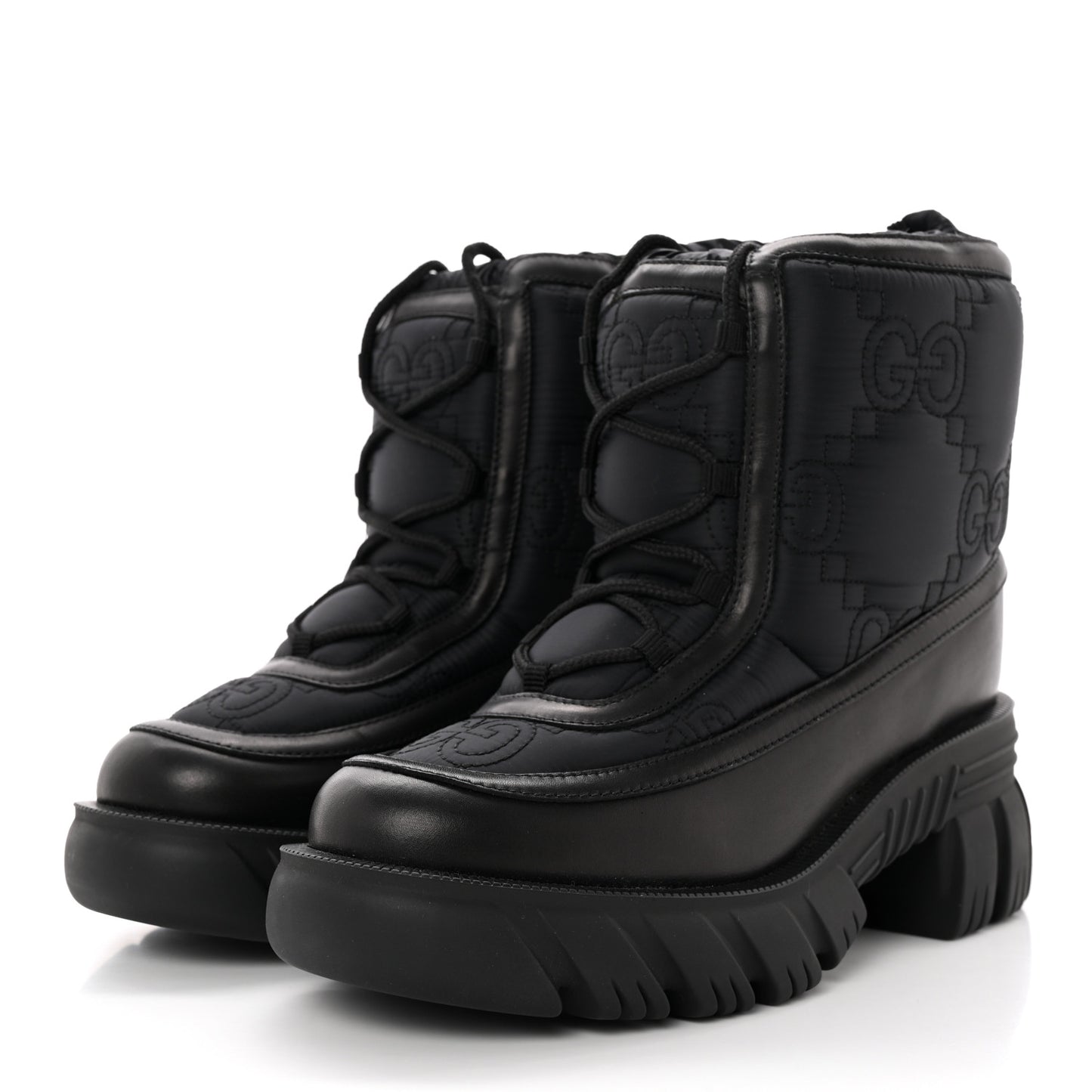 Nylon Calfskin GG Matelasse Lace Up Platform Ankle Boots 38 Black